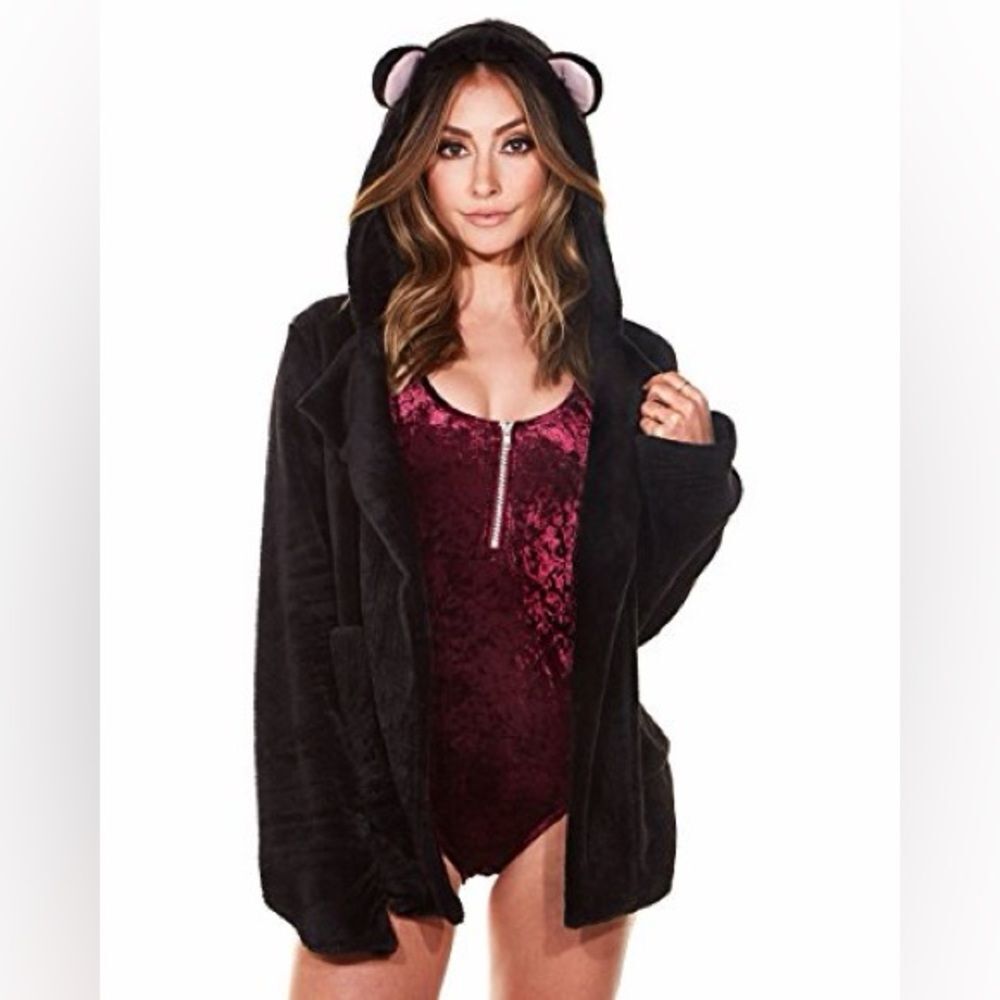 iheartraves Women's Black Hooded Kitty Cat Plush Jacket